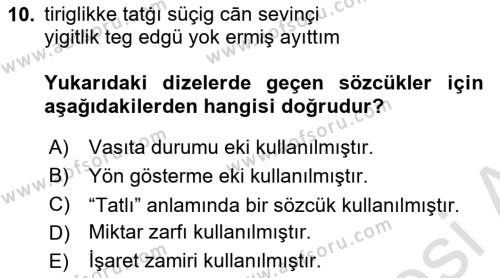 XI-XIII. Yüzyıllar Türk Dili Dersi 2023 - 2024 Yılı (Final) Dönem Sonu Sınavı 10. Soru