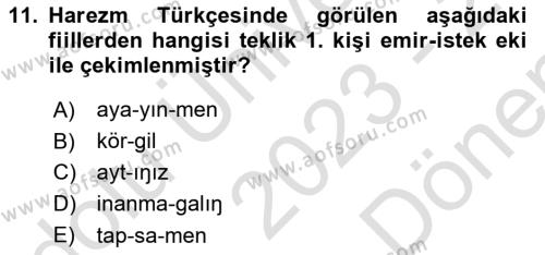 XI-XIII. Yüzyıllar Türk Dili Dersi 2023 - 2024 Yılı (Final) Dönem Sonu Sınavı 11. Soru