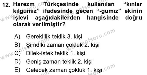 XI-XIII. Yüzyıllar Türk Dili Dersi 2023 - 2024 Yılı (Final) Dönem Sonu Sınavı 12. Soru