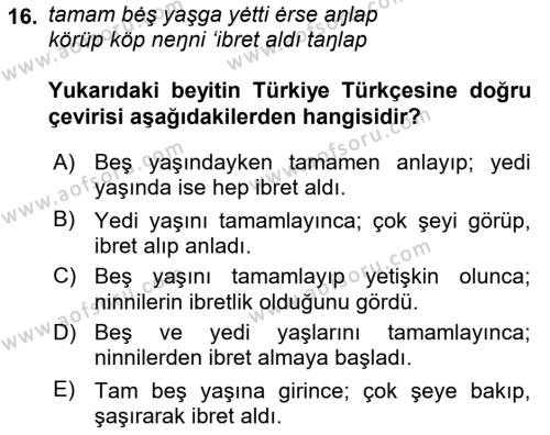 XI-XIII. Yüzyıllar Türk Dili Dersi 2023 - 2024 Yılı (Final) Dönem Sonu Sınavı 16. Soru