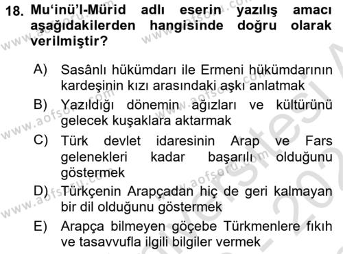 XI-XIII. Yüzyıllar Türk Dili Dersi 2023 - 2024 Yılı (Final) Dönem Sonu Sınavı 18. Soru