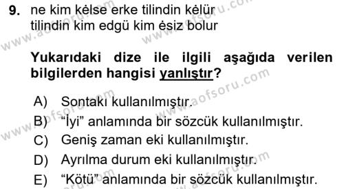 XI-XIII. Yüzyıllar Türk Dili Dersi 2023 - 2024 Yılı (Final) Dönem Sonu Sınavı 9. Soru