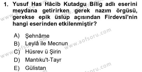 XI-XIII. Yüzyıllar Türk Dili Dersi 2023 - 2024 Yılı Yaz Okulu Sınavı 1. Soru