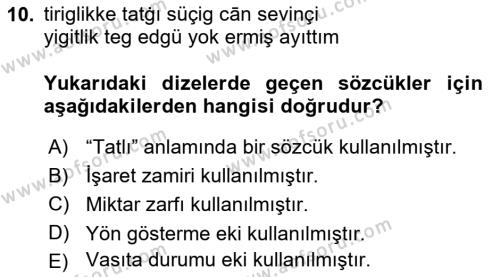 XI-XIII. Yüzyıllar Türk Dili Dersi 2023 - 2024 Yılı Yaz Okulu Sınavı 10. Soru