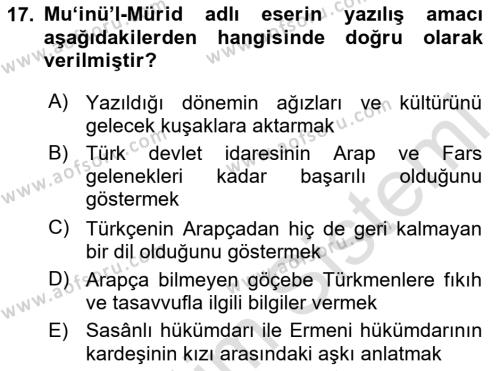 XI-XIII. Yüzyıllar Türk Dili Dersi 2023 - 2024 Yılı Yaz Okulu Sınavı 17. Soru