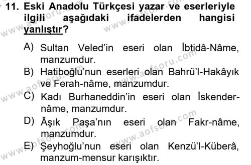XIV-XV. Yüzyıllar Türk Dili Dersi 2012 - 2013 Yılı (Vize) Ara Sınavı 11. Soru