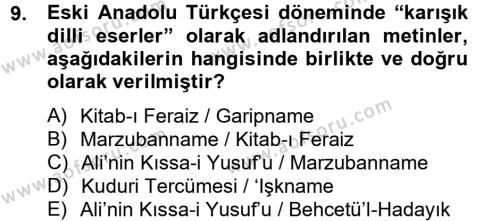 XIV-XV. Yüzyıllar Türk Dili Dersi 2012 - 2013 Yılı (Vize) Ara Sınavı 9. Soru