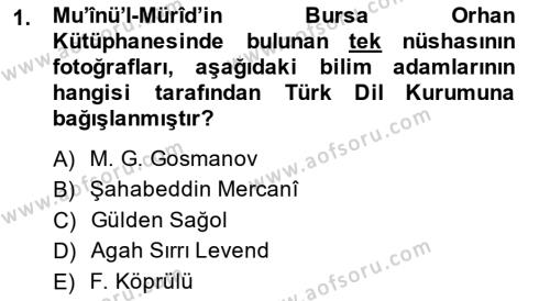 XIV-XV. Yüzyıllar Türk Dili Dersi 2013 - 2014 Yılı (Vize) Ara Sınavı 1. Soru