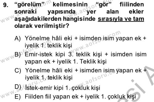 XIV-XV. Yüzyıllar Türk Dili Dersi 2014 - 2015 Yılı (Final) Dönem Sonu Sınavı 9. Soru