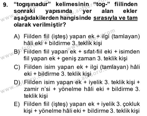 XIV-XV. Yüzyıllar Türk Dili Dersi 2014 - 2015 Yılı Tek Ders Sınavı 9. Soru