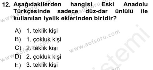 XIV-XV. Yüzyıllar Türk Dili Dersi 2015 - 2016 Yılı (Vize) Ara Sınavı 12. Soru