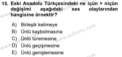 XIV-XV. Yüzyıllar Türk Dili Dersi 2015 - 2016 Yılı (Vize) Ara Sınavı 15. Soru