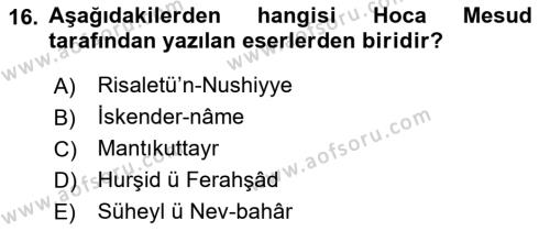 XIV-XV. Yüzyıllar Türk Dili Dersi 2015 - 2016 Yılı (Vize) Ara Sınavı 16. Soru