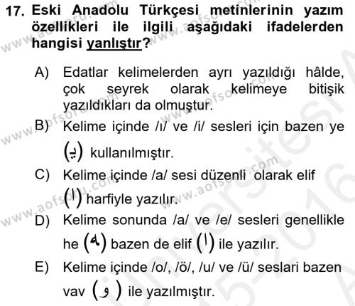 XIV-XV. Yüzyıllar Türk Dili Dersi 2015 - 2016 Yılı (Vize) Ara Sınavı 17. Soru