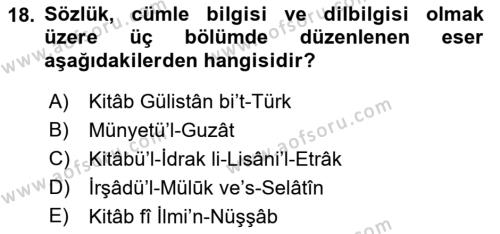 XIV-XV. Yüzyıllar Türk Dili Dersi 2015 - 2016 Yılı (Final) Dönem Sonu Sınavı 18. Soru