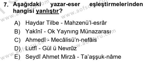 XIV-XV. Yüzyıllar Türk Dili Dersi 2015 - 2016 Yılı (Final) Dönem Sonu Sınavı 7. Soru