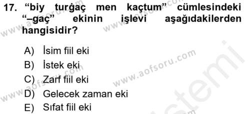 XIV-XV. Yüzyıllar Türk Dili Dersi 2015 - 2016 Yılı Tek Ders Sınavı 17. Soru