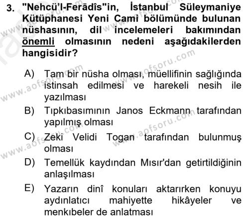 XIV-XV. Yüzyıllar Türk Dili Dersi 2015 - 2016 Yılı Tek Ders Sınavı 3. Soru