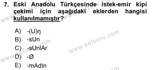 XIV-XV. Yüzyıllar Türk Dili Dersi 2015 - 2016 Yılı Tek Ders Sınavı 7. Soru