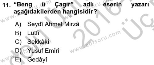 XIV-XV. Yüzyıllar Türk Dili Dersi 2016 - 2017 Yılı 3 Ders Sınavı 11. Soru