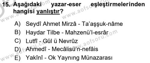 XIV-XV. Yüzyıllar Türk Dili Dersi 2016 - 2017 Yılı 3 Ders Sınavı 15. Soru