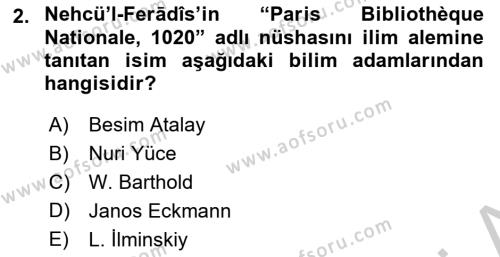 XIV-XV. Yüzyıllar Türk Dili Dersi 2016 - 2017 Yılı 3 Ders Sınavı 2. Soru