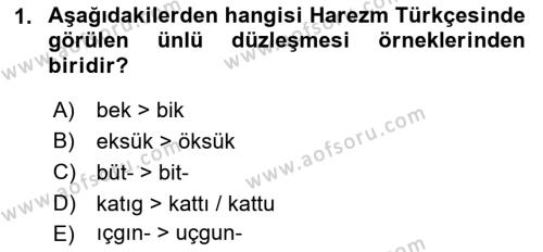 XIV-XV. Yüzyıllar Türk Dili Dersi 2016 - 2017 Yılı (Vize) Ara Sınavı 1. Soru