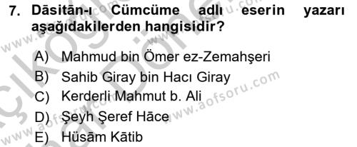 XIV-XV. Yüzyıllar Türk Dili Dersi 2016 - 2017 Yılı (Vize) Ara Sınavı 7. Soru
