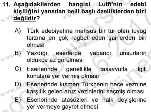 XIV-XV. Yüzyıllar Türk Dili Dersi 2016 - 2017 Yılı (Final) Dönem Sonu Sınavı 11. Soru