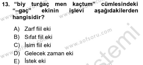 XIV-XV. Yüzyıllar Türk Dili Dersi 2016 - 2017 Yılı (Final) Dönem Sonu Sınavı 13. Soru