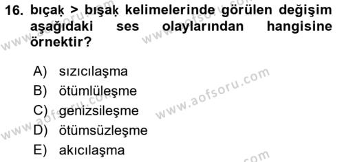 XIV-XV. Yüzyıllar Türk Dili Dersi 2016 - 2017 Yılı (Final) Dönem Sonu Sınavı 16. Soru