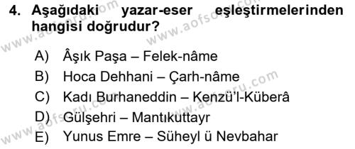 XIV-XV. Yüzyıllar Türk Dili Dersi 2016 - 2017 Yılı (Final) Dönem Sonu Sınavı 4. Soru