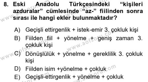 XIV-XV. Yüzyıllar Türk Dili Dersi 2016 - 2017 Yılı (Final) Dönem Sonu Sınavı 8. Soru