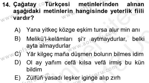 XIV-XV. Yüzyıllar Türk Dili Dersi 2017 - 2018 Yılı 3 Ders Sınavı 14. Soru