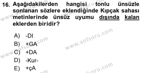 XIV-XV. Yüzyıllar Türk Dili Dersi 2017 - 2018 Yılı 3 Ders Sınavı 16. Soru