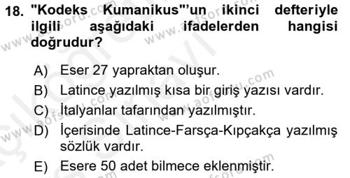 XIV-XV. Yüzyıllar Türk Dili Dersi 2017 - 2018 Yılı 3 Ders Sınavı 18. Soru