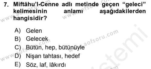 XIV-XV. Yüzyıllar Türk Dili Dersi 2017 - 2018 Yılı 3 Ders Sınavı 7. Soru