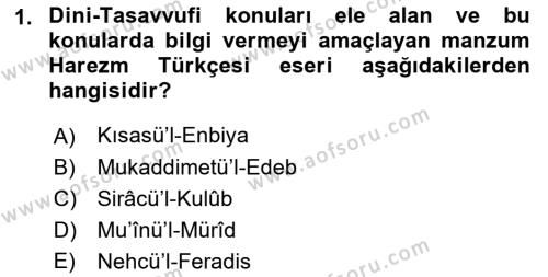 XIV-XV. Yüzyıllar Türk Dili Dersi 2017 - 2018 Yılı (Vize) Ara Sınavı 1. Soru