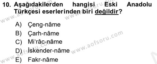 XIV-XV. Yüzyıllar Türk Dili Dersi 2017 - 2018 Yılı (Vize) Ara Sınavı 10. Soru