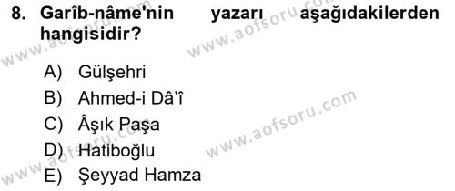 XIV-XV. Yüzyıllar Türk Dili Dersi 2017 - 2018 Yılı (Vize) Ara Sınavı 8. Soru