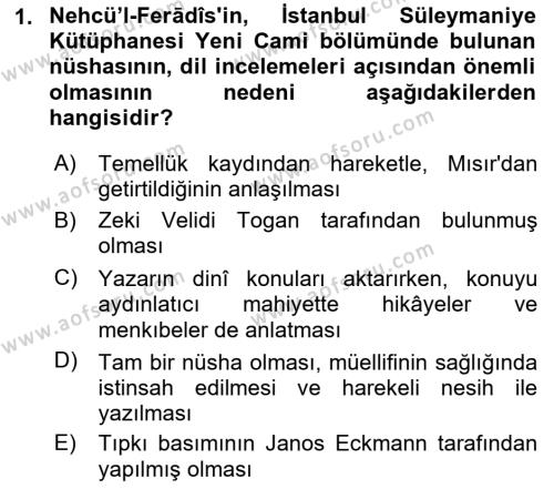 XIV-XV. Yüzyıllar Türk Dili Dersi 2017 - 2018 Yılı (Final) Dönem Sonu Sınavı 1. Soru