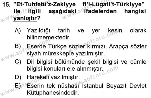 XIV-XV. Yüzyıllar Türk Dili Dersi 2017 - 2018 Yılı (Final) Dönem Sonu Sınavı 15. Soru