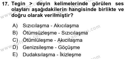 XIV-XV. Yüzyıllar Türk Dili Dersi 2017 - 2018 Yılı (Final) Dönem Sonu Sınavı 17. Soru