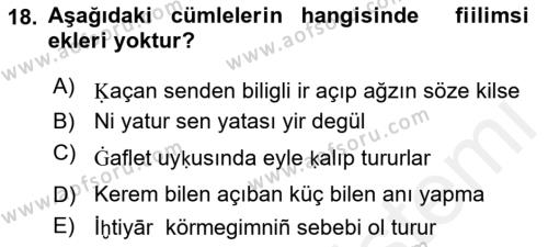 XIV-XV. Yüzyıllar Türk Dili Dersi 2017 - 2018 Yılı (Final) Dönem Sonu Sınavı 18. Soru