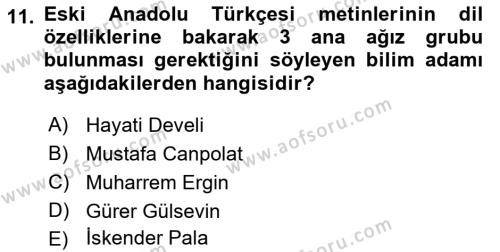 XIV-XV. Yüzyıllar Türk Dili Dersi 2018 - 2019 Yılı 3 Ders Sınavı 11. Soru