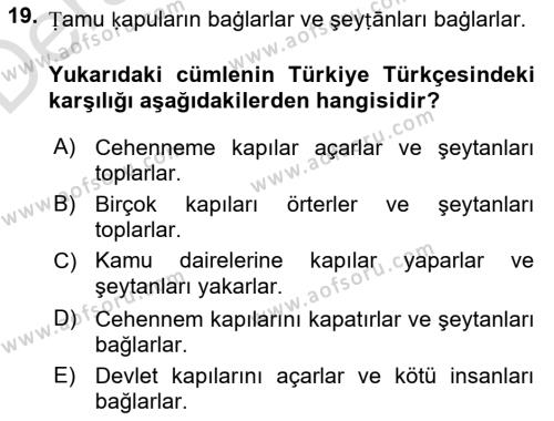 XIV-XV. Yüzyıllar Türk Dili Dersi 2018 - 2019 Yılı 3 Ders Sınavı 19. Soru