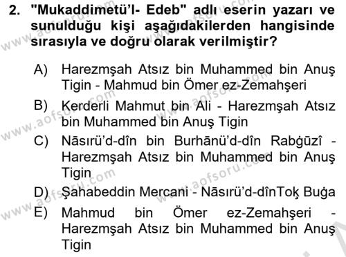 XIV-XV. Yüzyıllar Türk Dili Dersi 2018 - 2019 Yılı 3 Ders Sınavı 2. Soru