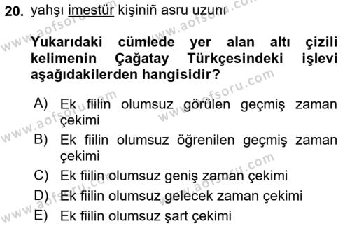 XIV-XV. Yüzyıllar Türk Dili Dersi 2018 - 2019 Yılı 3 Ders Sınavı 20. Soru