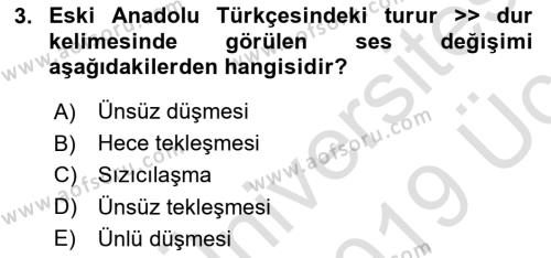 XIV-XV. Yüzyıllar Türk Dili Dersi 2018 - 2019 Yılı 3 Ders Sınavı 3. Soru