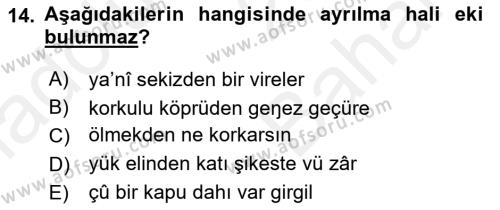 XIV-XV. Yüzyıllar Türk Dili Dersi 2018 - 2019 Yılı (Vize) Ara Sınavı 14. Soru